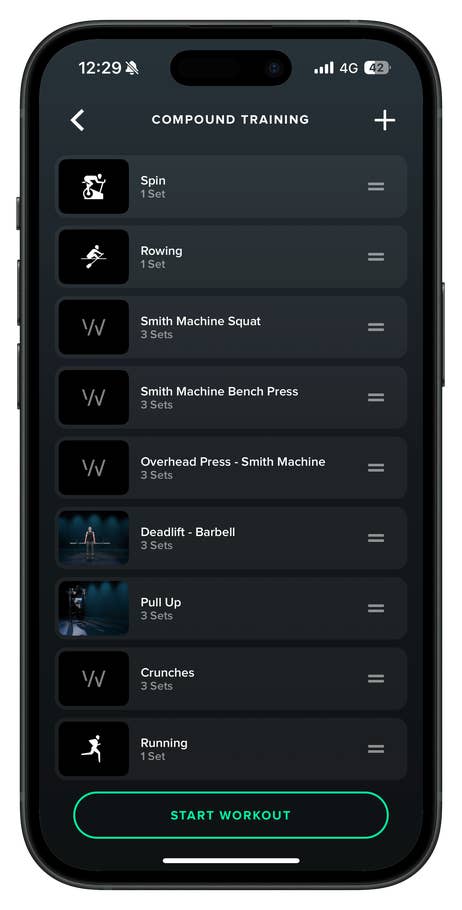 Workout app screen showing exercises: Spin, Rowing, Squats, Bench Press, Deadlift, Pull Ups, Crunches, Running.