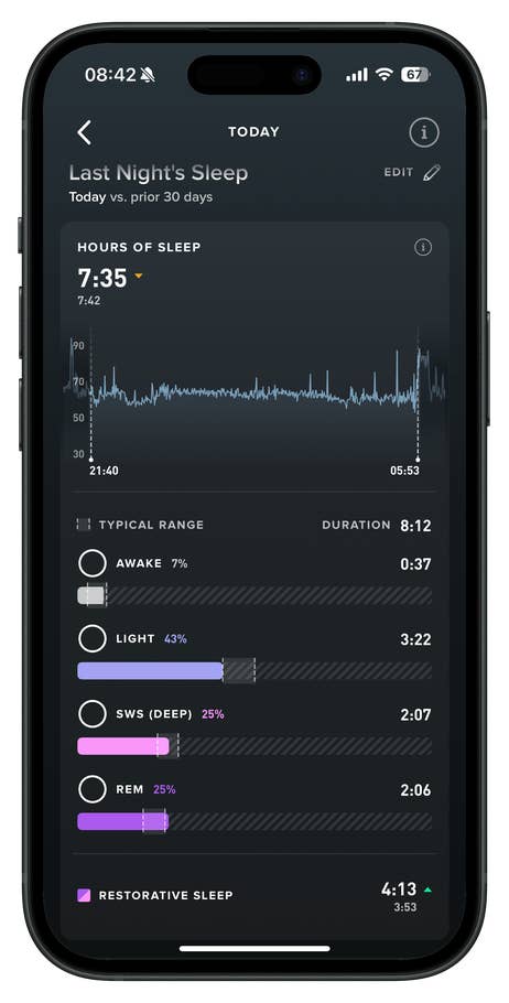 Sleep tracking screen showing 7:35 hours of sleep with breakdown of sleep stages.