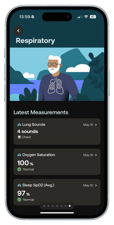 Mobile app interface displaying respiratory health metrics and measurements.