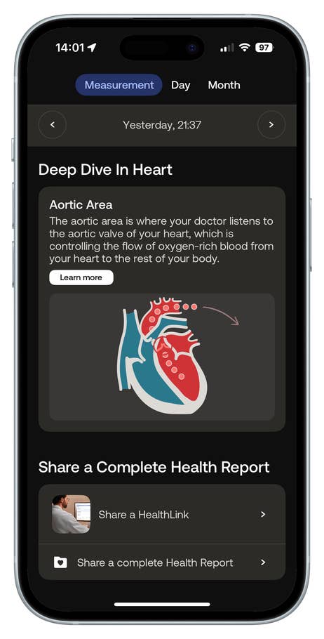 Screen showing heart health information and options to share a health report.