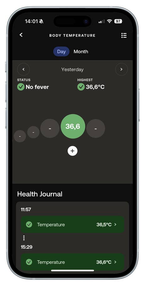 Body temperature tracking on a mobile app showing 36.6°C with a status of u0027No feveru0027.