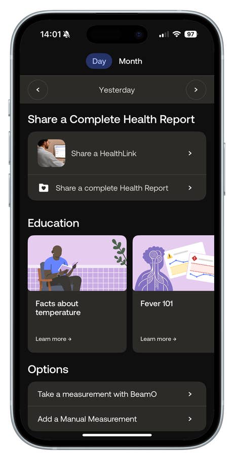 Health app interface showing health report sharing options and education about temperature.