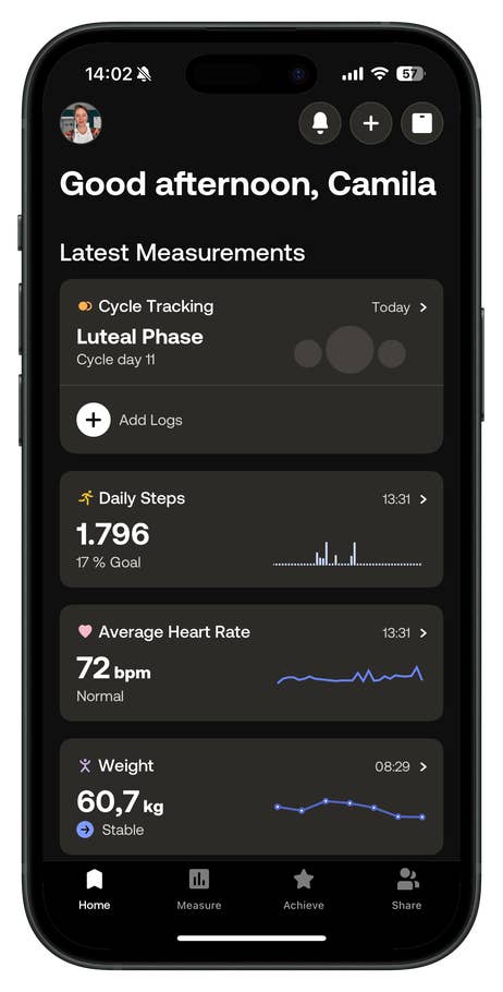 Withings Body Scan app interface displaying health measurements and cycle tracking.