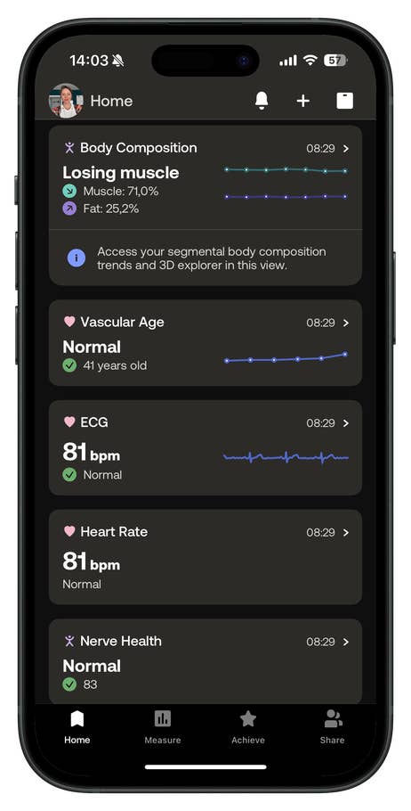 Withings Body Scan app showing body composition, vascular age, ECG, heart rate, and nerve health metrics.