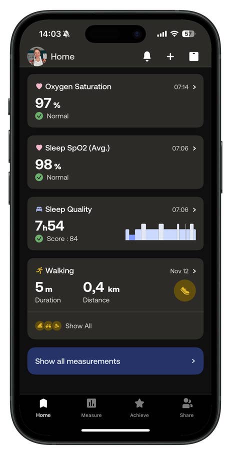 Mobile interface showing health metrics: Oxygen Saturation 97%, Sleep SpO2 98%, Sleep Quality 7h54, Walking 0.4 km.