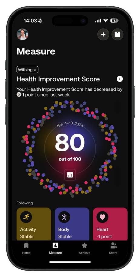 Withings app screen displaying Health Improvement Score: 80 out of 100, with details on activity, body, and heart metrics.