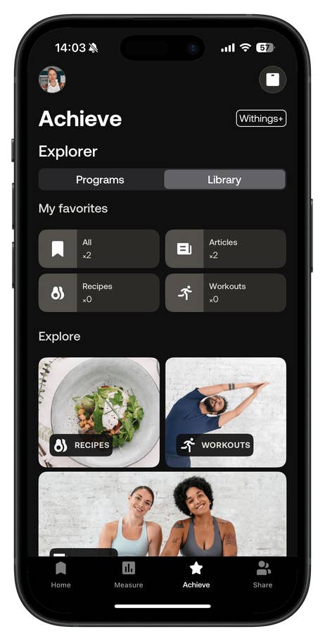 Mobile app interface showing u0027Achieveu0027 with sections for recipes, workouts, and articles.