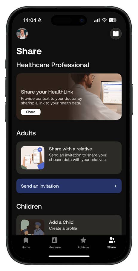 Share screen of Withings Body Scan app with options for healthcare professionals, adults, and children.