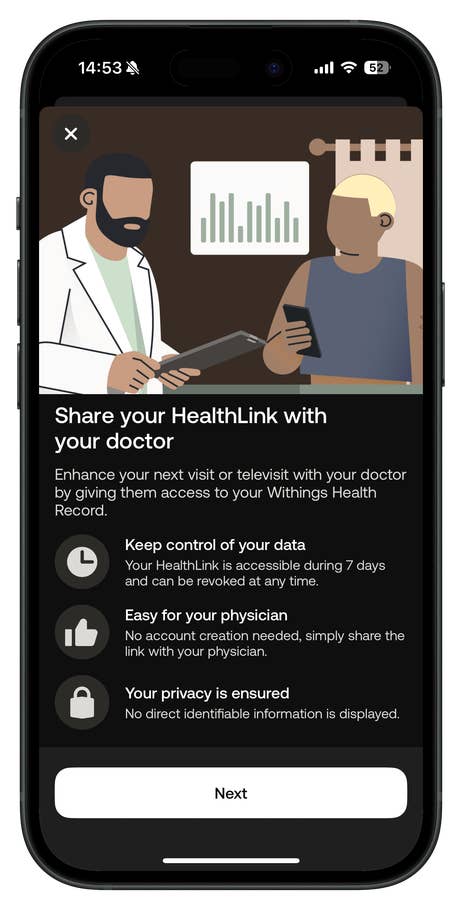 A phone screen shows a doctor and patient sharing health data with privacy assurances.