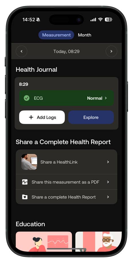 Health Journal screen from Withings Body Scan app showing ECG results and sharing options.