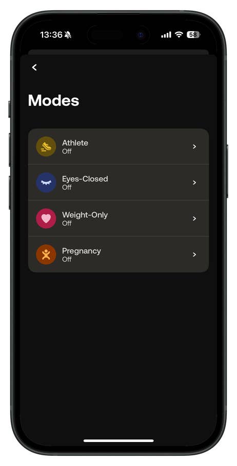 Mobile interface displaying modes for Withings Body Scan: Athlete, Eyes-Closed, Weight-Only, Pregnancy.