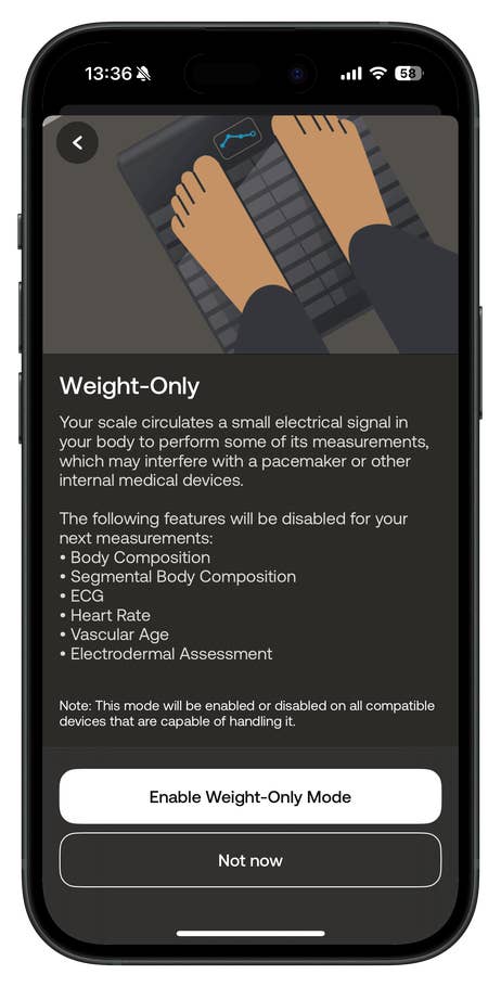 Smartphone screen showing Withings Body Scan weight-only mode settings.