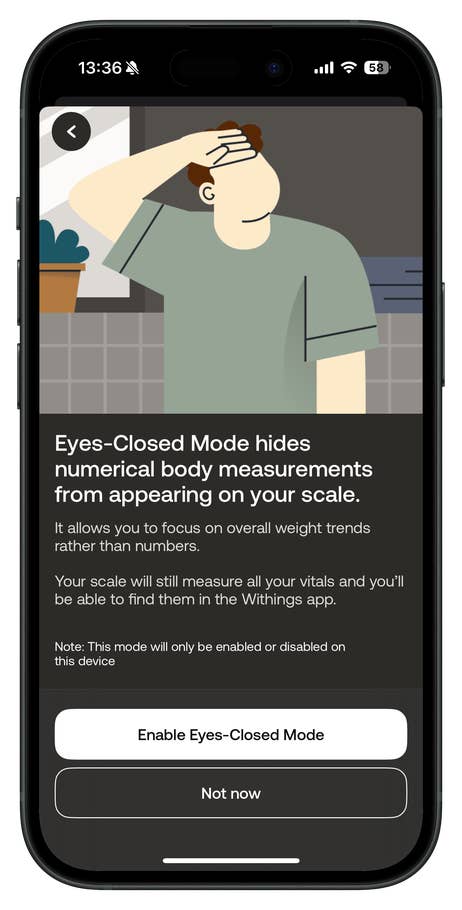 A smartphone screen showing Eyes-Closed Mode for Withings Body Scan, explaining features and options.