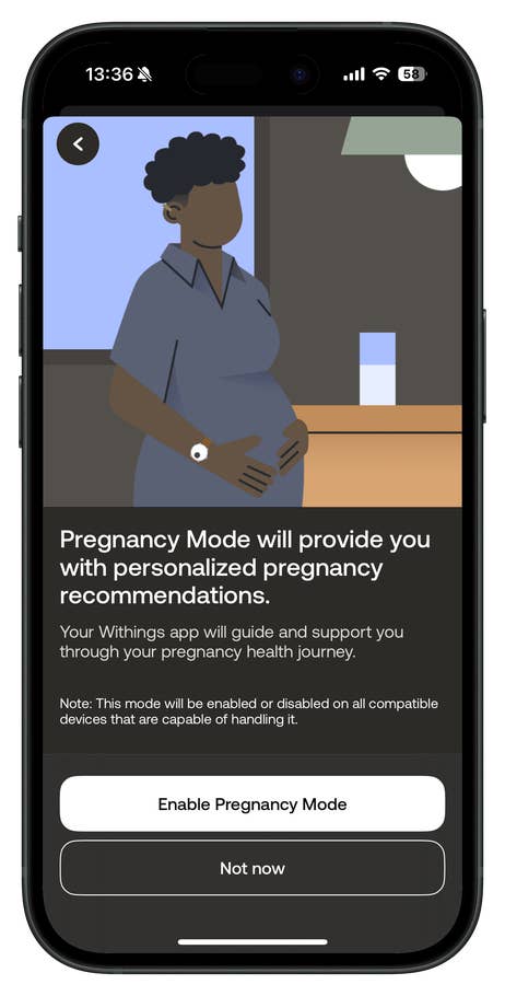 Illustration of a pregnant person with a phone displaying a Pregnancy Mode feature for the Withings app.