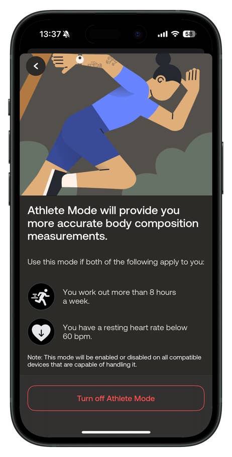 A smartphone screen displaying u0027Athlete Modeu0027 settings with a runner illustration.