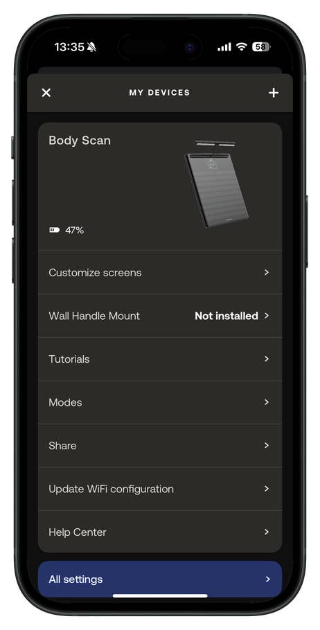 Mobile app interface showing u0027Body Scanu0027 device settings and battery level at 47%.