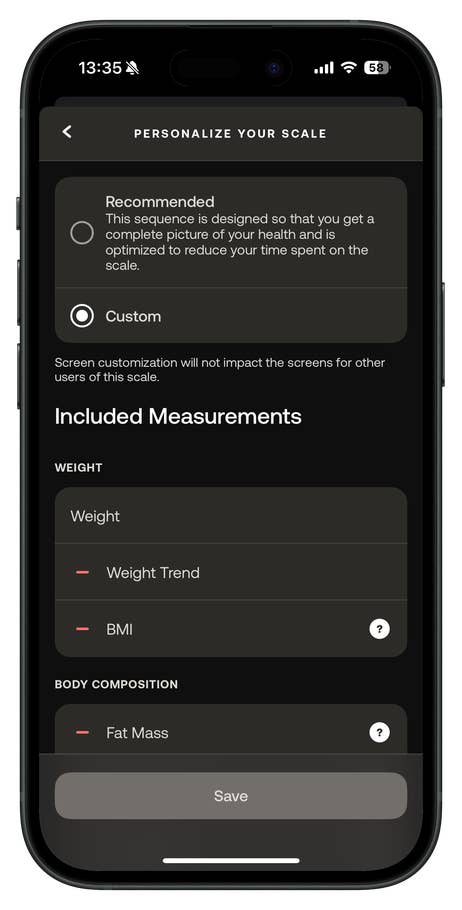 App screen for Withings Body Scan showing personalization options and included measurements.