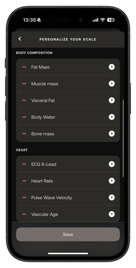Mobile screen displaying Withings Body Scan options for body composition and heart metrics.