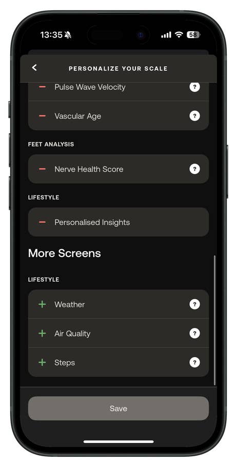 Screen displaying Withings Body Scan personal settings and health metrics options.