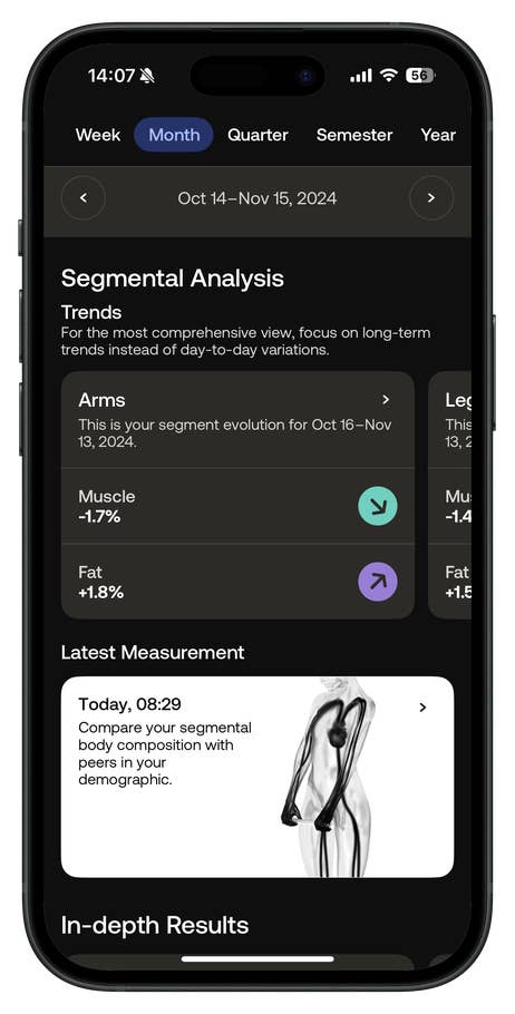 Mobile app interface displaying segmental analysis and body composition trends.