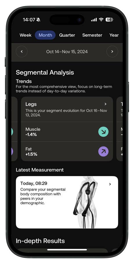 Mobile app interface showing segmental analysis for body composition trends.