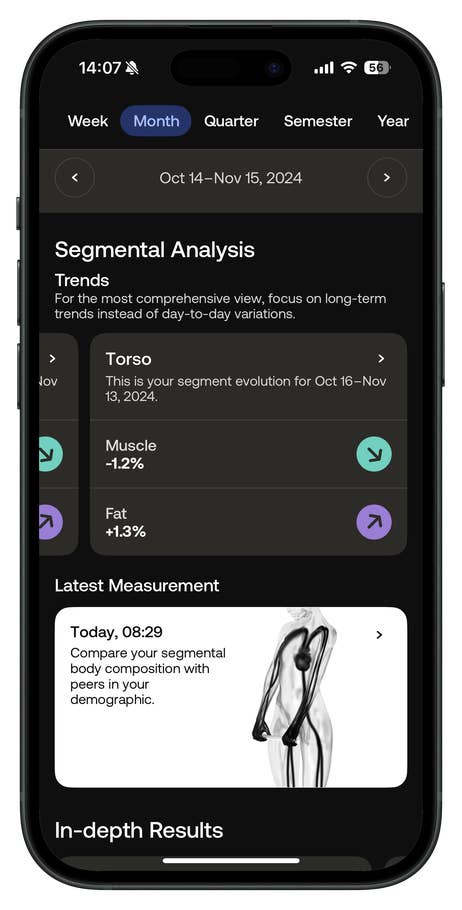 Withings Body Scan app interface showing segmental analysis for muscle and fat changes over time.