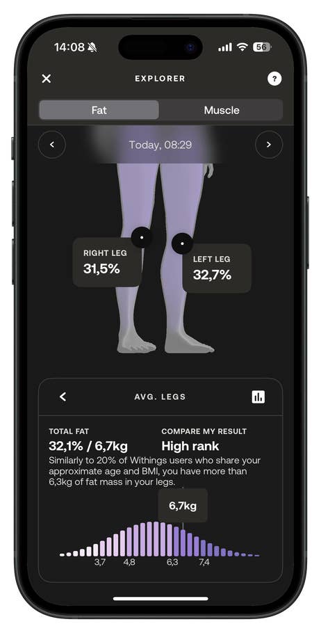 Withings Body Scan app showing fat percentage and mass for legs.
