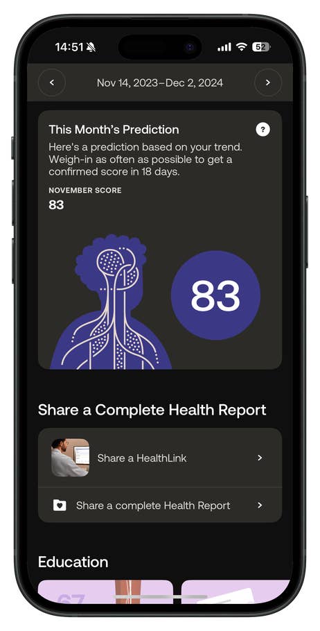 Withings Body Scan app displaying prediction score of 83 with health report sharing options.