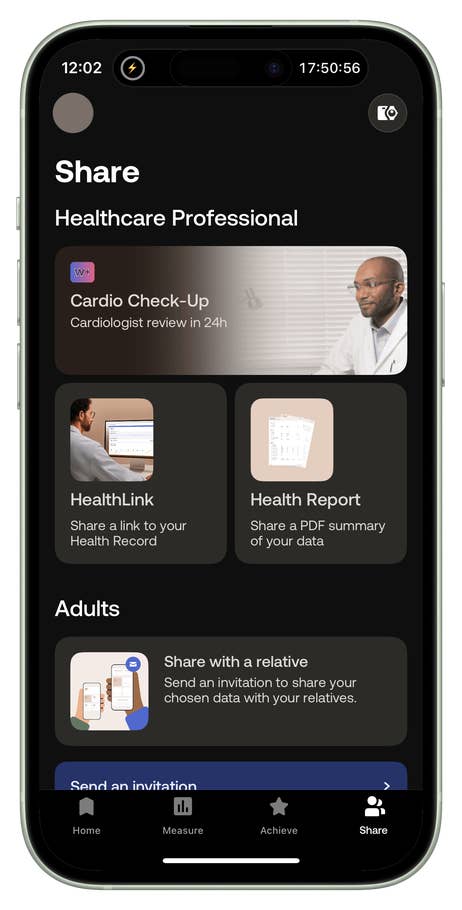Withings app interface showing options to share health data with a healthcare professional.