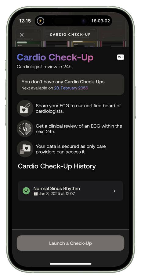 Mobile app screen showing Cardio Check-Up details and ECG sharing options.