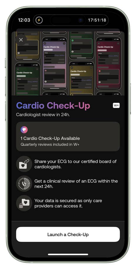 Withings app displaying Cardio Check-Up details and options for ECG review.