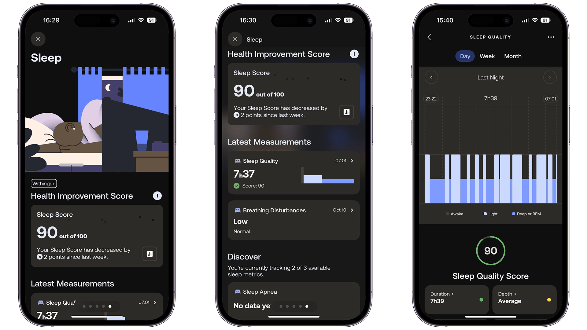 Screenshots of the Withings ScanWatch 2 Sleep tracking feature