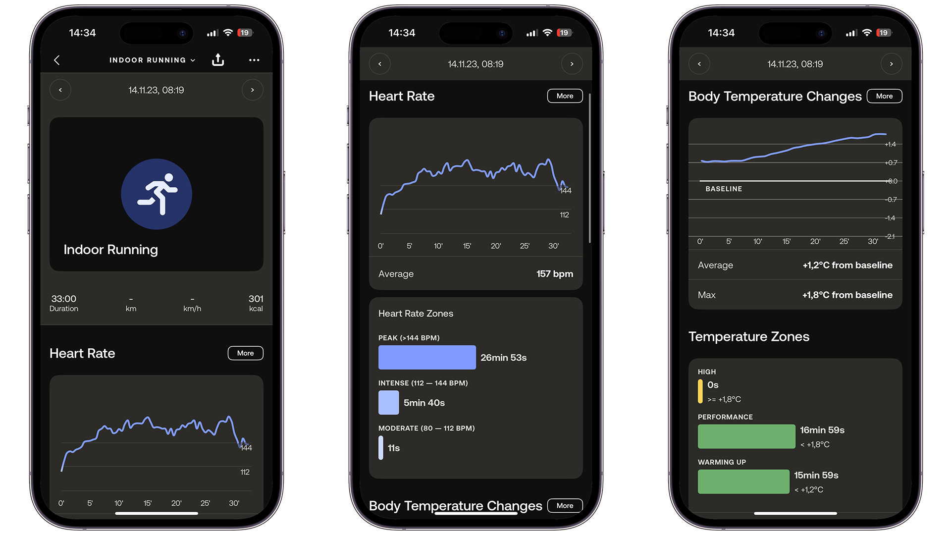 Withings ScanWatch 2 screenshots showing the temperature tracking feature UI