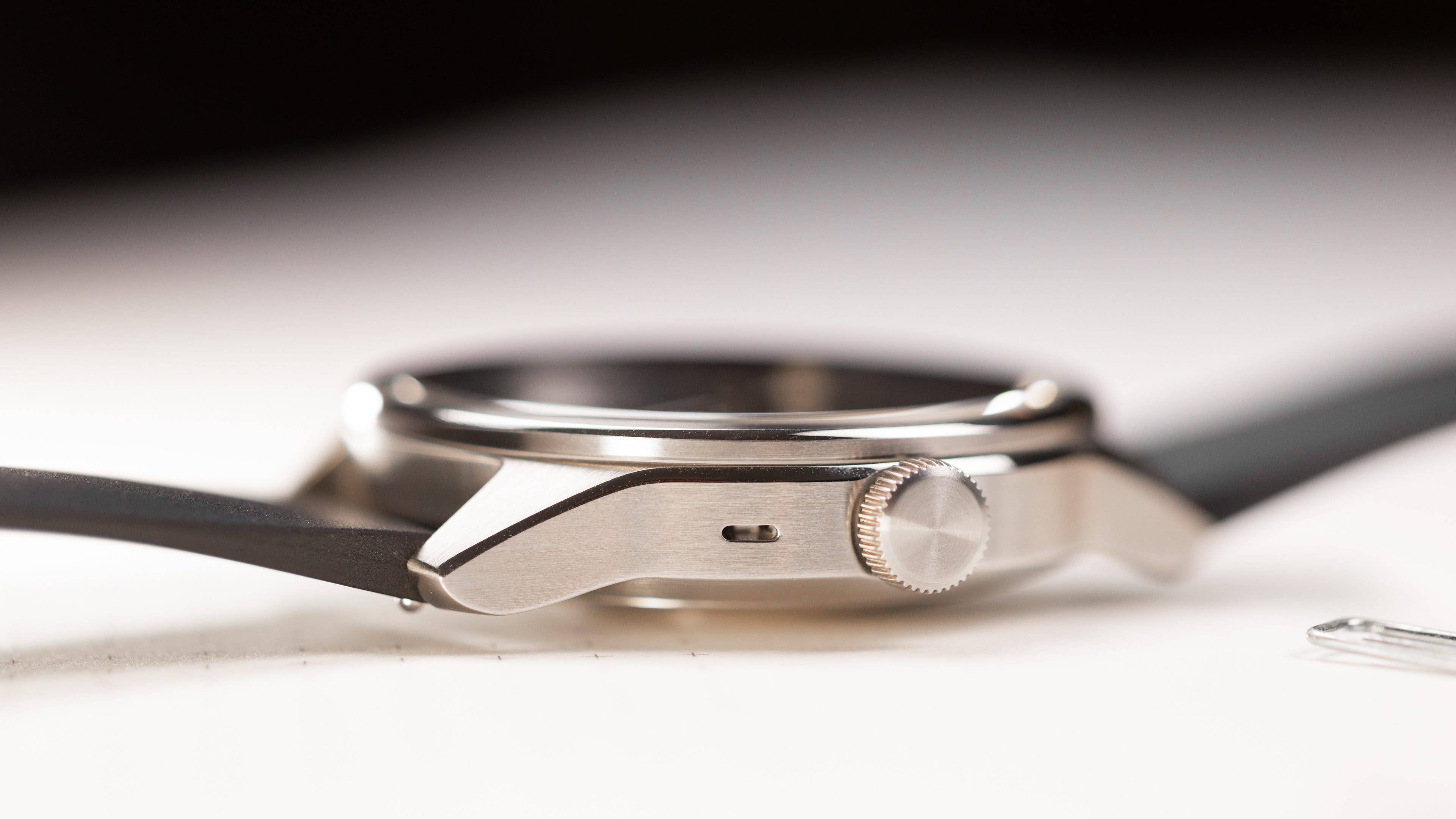 Withings Smartwatch 2 digital crown in detail.