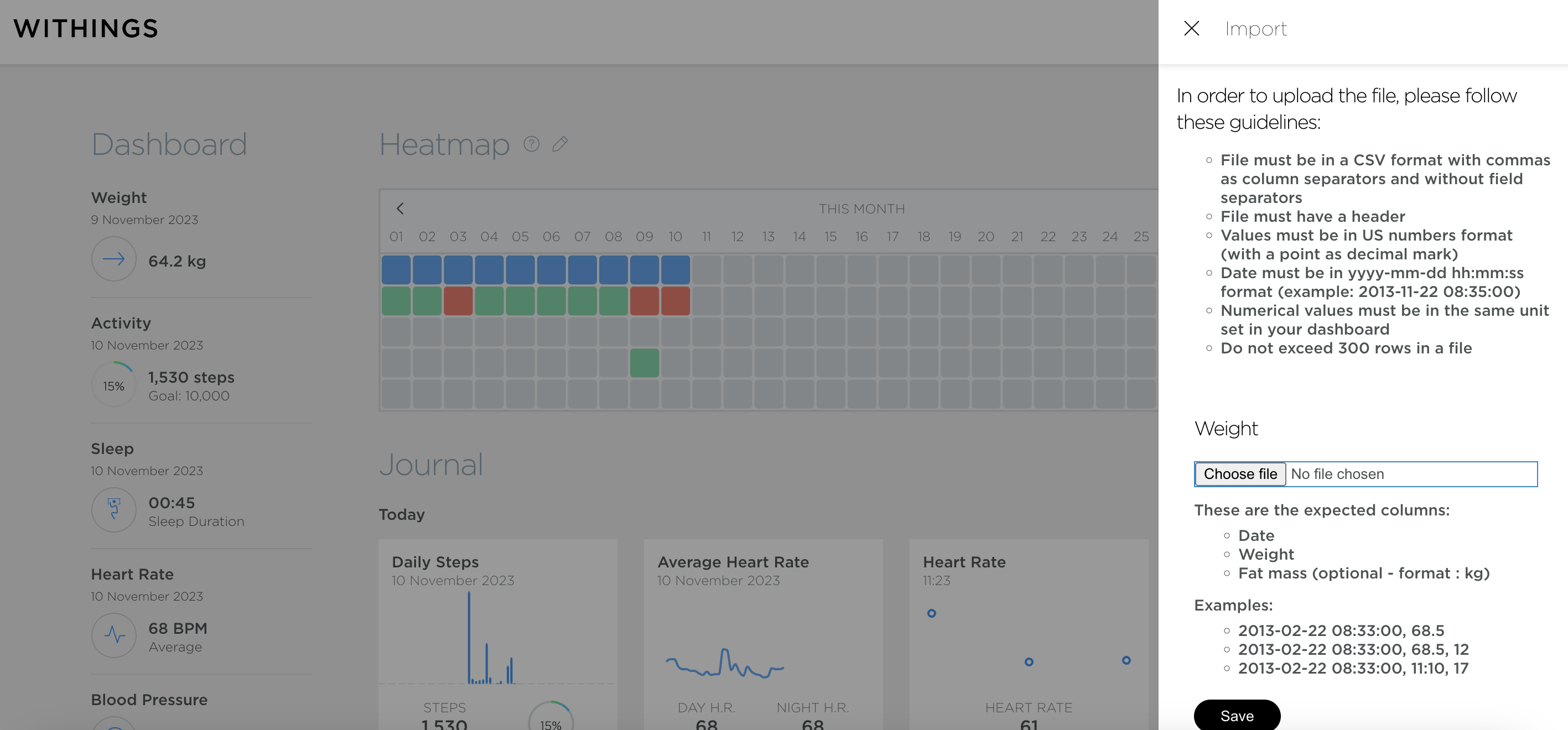 Screenshots of the Withings software web version CSV downloader