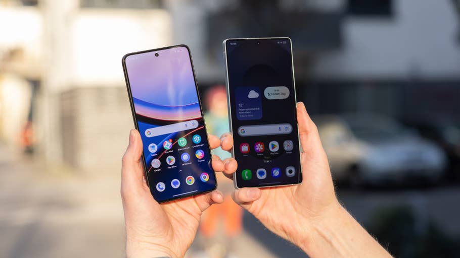 Two smartphones held outdoors, one with a colorful app interface and the other with a weather widget