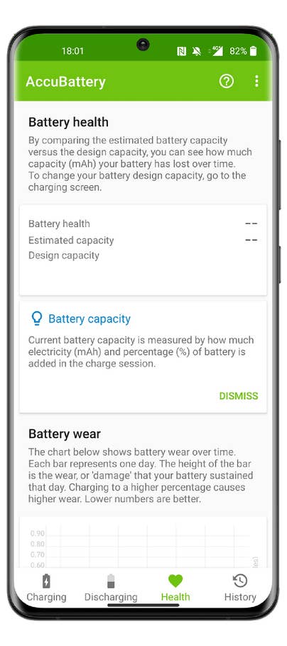 AccuBattery app interface displaying battery health, estimated capacity, and battery wear information.