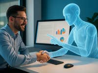 A man smiling and shaking hands with a holographic robot in an office setting.