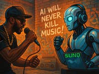 A rapper performing into a microphone facing a robot DJ with a laptop displaying 'SUNO'. Background text: 'AI WILL NEVER KILL MUSIC!'