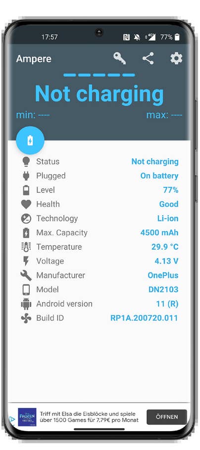 Battery status on mobile screen: Not charging, 77% level, Li-ion, 4500 mAh capacity.