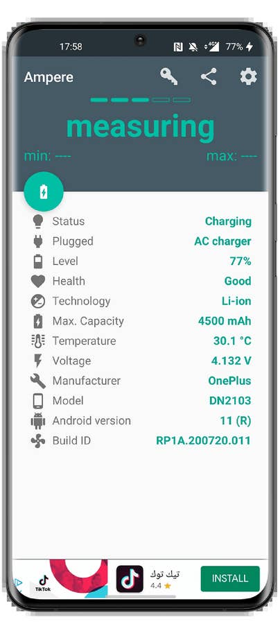 Battery status app displaying charging details: 77% level, 4500 mAh capacity, 30.1°C temperature, OnePlus.