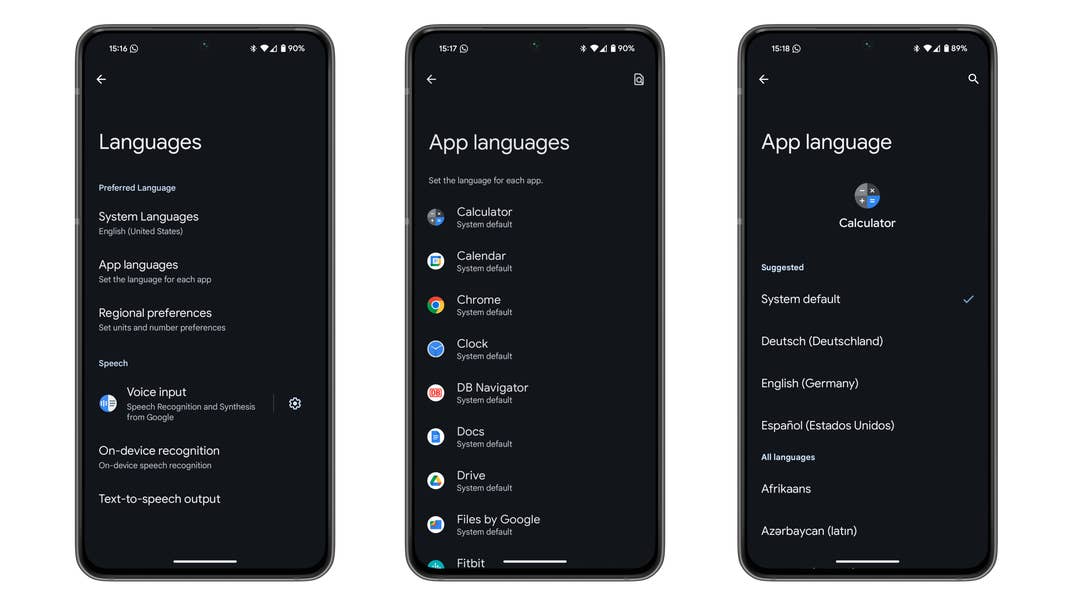 Screenshots showing the new per-App language settings on Android 14
