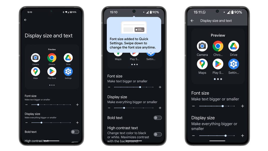 Font and Display size settings screenshots from Android 14