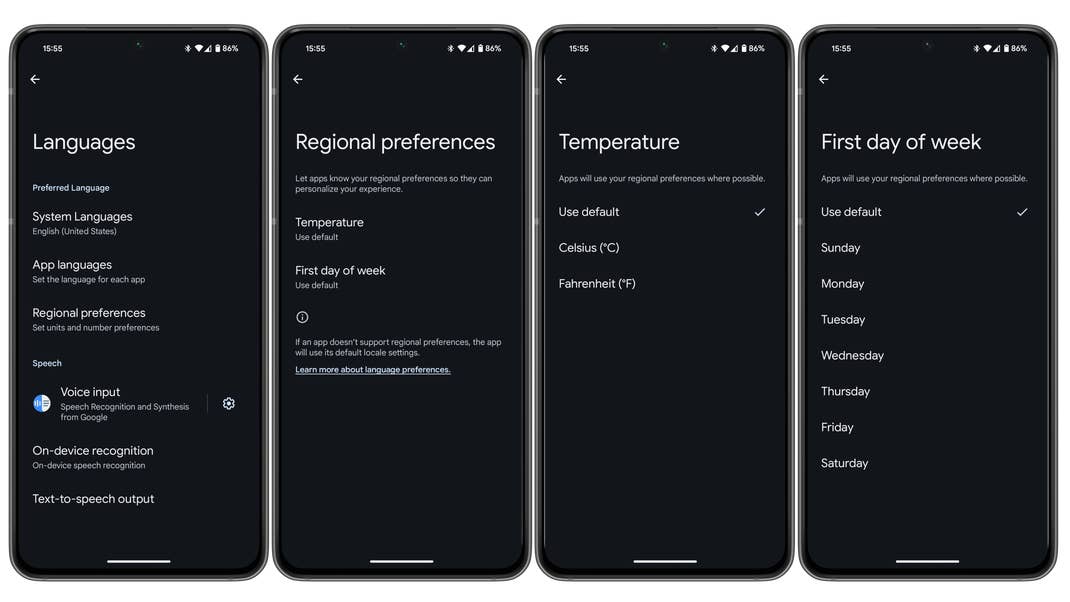 Android 14 screenshots showing granular regional settings for temperature unit