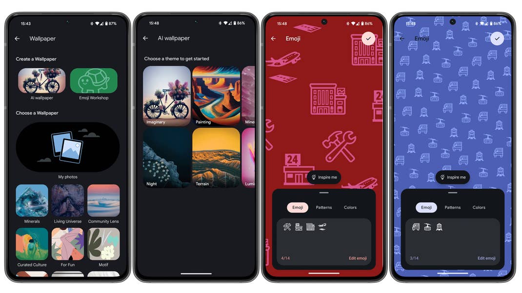 Android 14 screenshots showing wallpapers options with AI generator and custom emoji