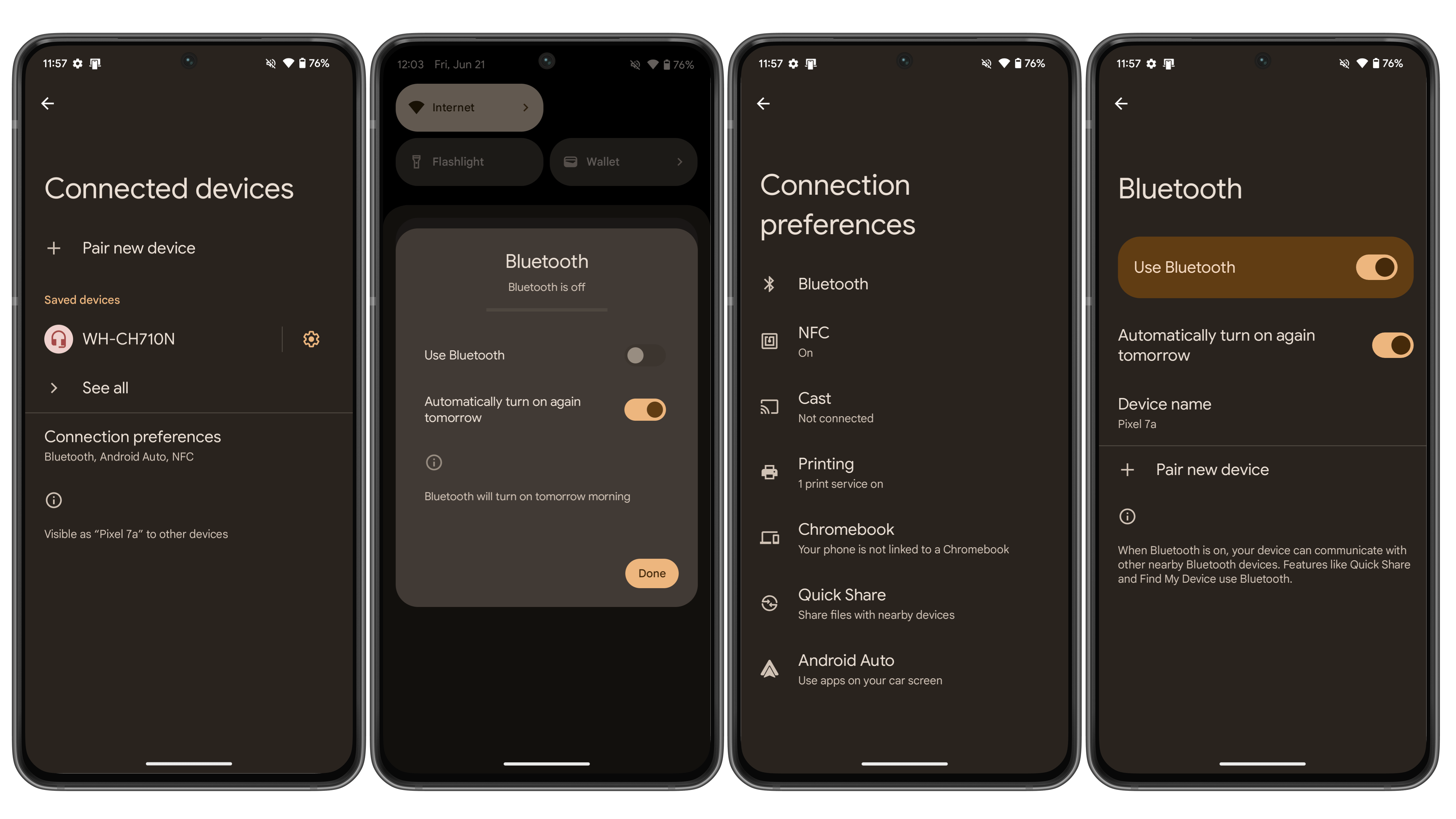 Screenshots showing Android 15's new anto-on Bluetooth toggle