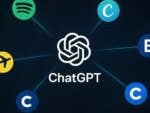 A graphic showing ChatGPT at the center with logos of Spotify, travel, and various services around it.