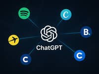 A graphic showing ChatGPT at the center with logos of Spotify, travel, and various services around it.