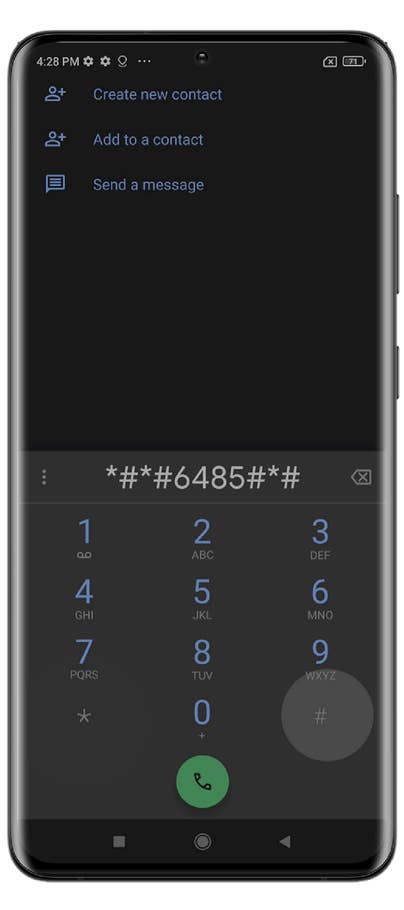 A smartphone screen displaying a dial pad with options to create a new contact, add a contact, or send a message.