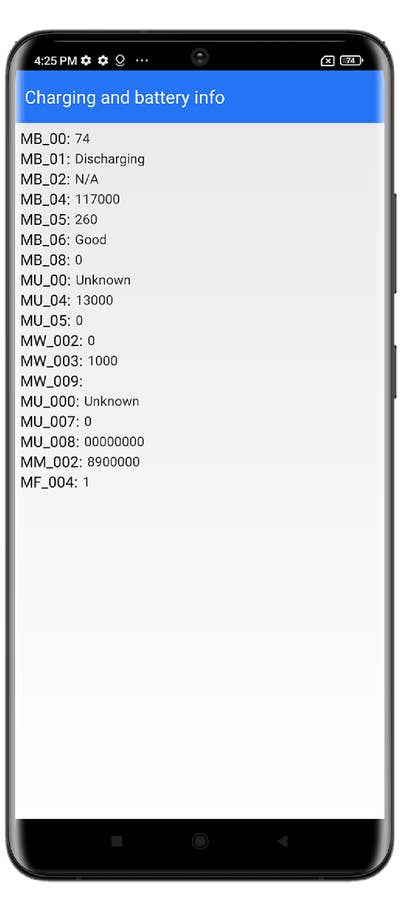 Battery information displayed on a smartphone screen with various metrics.